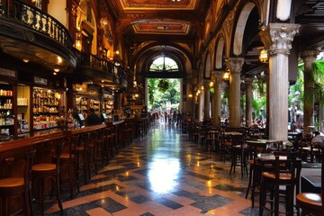 Fototapeta premium Ornate building interior featuring bar, tables, columns, and patterned floor