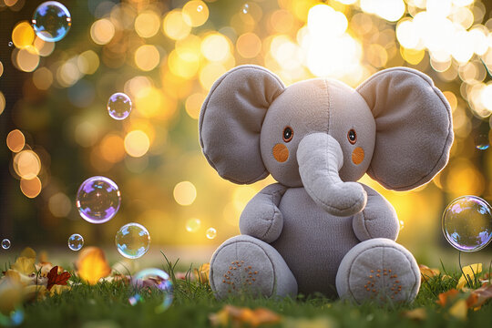 Cute plush elephant toy sitting on grass with soap bubbles and golden bokeh lights