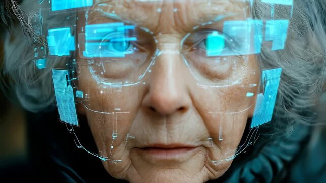 Elderly woman with futuristic ar visor in thoughtful focus and eyes closed progression
