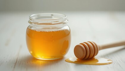 Golden Honey in Glass Jar with Wooden Dipper