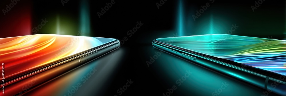 Poster back-to-back dual smartphone screens showcasing vibrant displays with light tension in a dark enviro