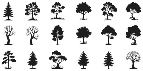 Diverse tree silhouettes vector illustration ideal for nature-themed designs, including park scenes and forest landscapes, perfect for adding depth to graphic design projects

