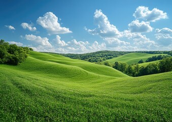 Naklejka premium Lush rolling hills under a vibrant summer sky.
