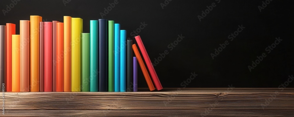Poster modern bookshelf displaying vibrant book collection in a minimalist setting close-up perspective int