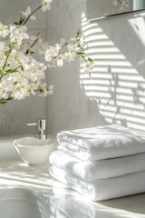 Stack of clean white towels placed on a bathroom sink beside a chrome faucet