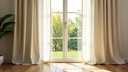 Fototapeta premium Cream linen curtains, natural light streaming through , photo, fabric