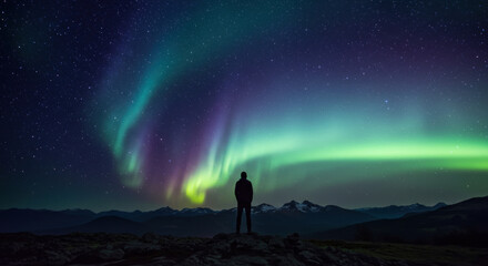 Fototapeta premium Man admires vibrant aurora borealis over mountain range. Night sky filled with colorful swirls of green, blue, and purple lights creates a scenic view.