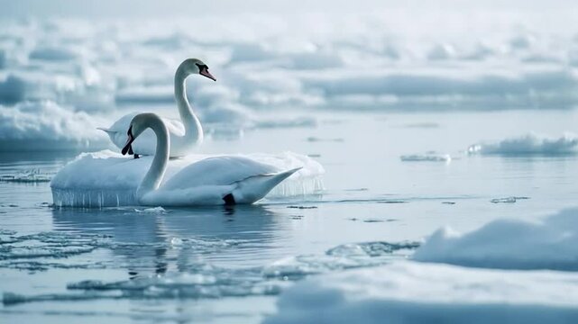 Two swans on icy floes in frigid water.  Soft light illuminates their snowy white plumage, contrasting with the icy blue water and frozen expanse