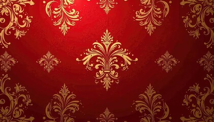 Intricate floral damask pattern in elegant gold on deep red background , sophisticated, scroll, decoration