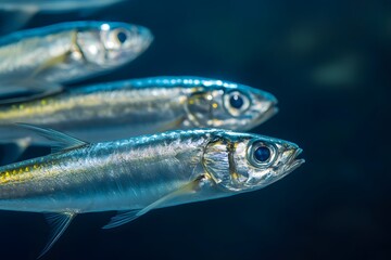 A school of silver fish swimming together in the dark blue ocean water with details visible close up