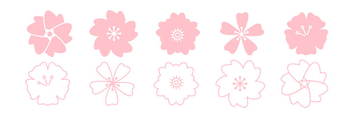 Fruit tree flowers. Sakura in bloom. Flat and line icon set. Vector illustration