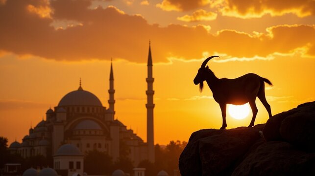 Goat silhouette on rocks with mosque at sunset - eid al-adha celebration