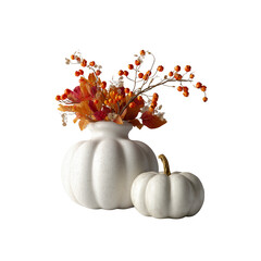 A decorative white pumpkin with an arrangement of vibrant autumn leaves and berries in a matching vase.