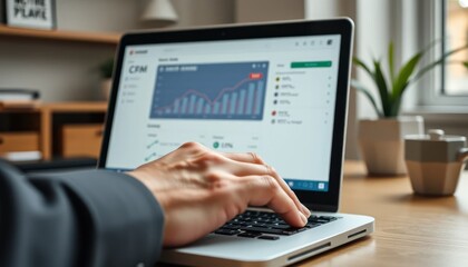 Data Analytics on Laptop Screen with Hand Typing on Keyboard in Modern Workplace, Chart Data Showing Increasing Statistics