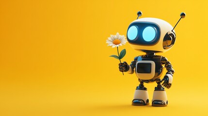 robot holding flower yellow background
