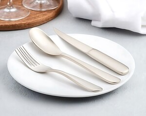 Silverware Fork, spoon, and knife on a white plate Formal dining setup