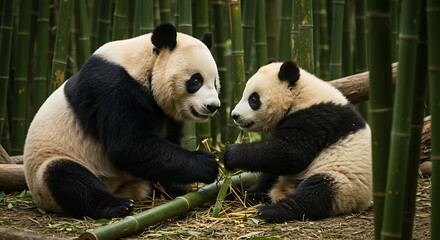 Naklejka premium Giant Pandas Sharing Bamboo in Lush Forest Habitat