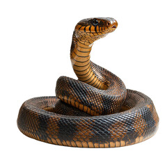 Coiled cobra in an alert position isolated on white png poised cobra snake png reptilian predator png jungle snake png transparent background image