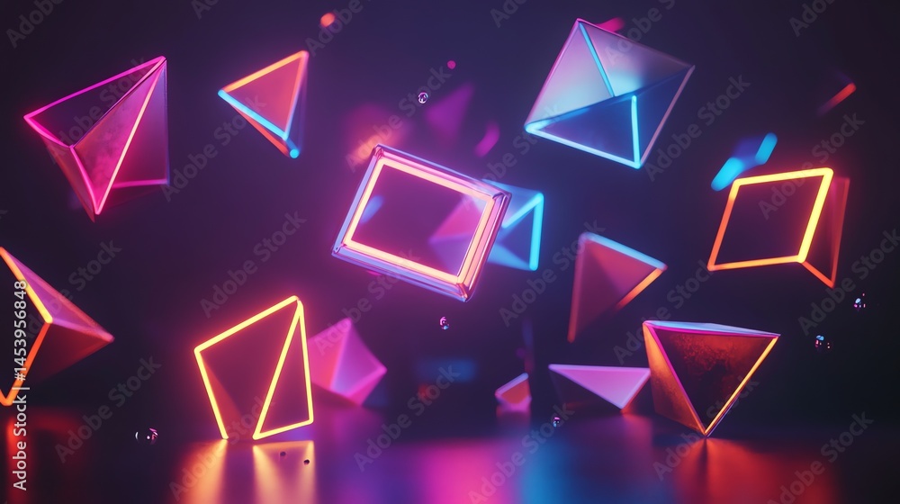 Aufkleber 3d render of geometric shapesâ€”triangles and cubesâ€”floating in a dark, neon-lit space.