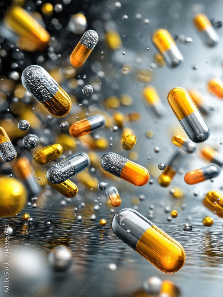 Poster floating antibiotic capsules interact with bacteria while bouncing off metallic shields in a dynamic