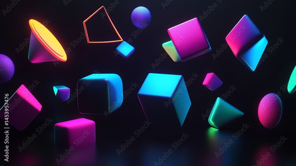 Poster 3d render of colorful geometric shapes floating against a dark background.