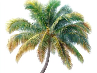 Vibrant coconut palm tree against white background.  Detailed fronds display a mix of yellow-green hues