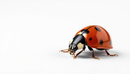 Fototapeta premium Single ladybug isolated against stark white backdrop, one, red and black