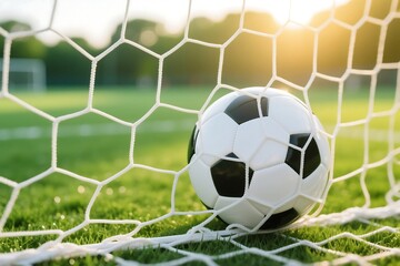 Soccer Ball In Net Goal Scored On Green Field At Sunset