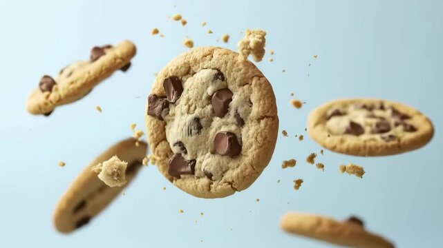 Chocolate chip cookies flying with crumbs on blue background, slow motion