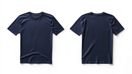 A dark navy t-shirt is shown from the front and back, highlighting its simple design and versatility for various occasions. This shirt is perfect for both casual and athletic wear