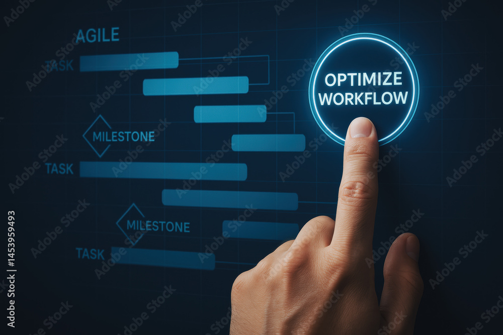 Poster a focused hand initiates workflow optimization to enhance business strategy and streamline decision-