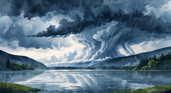 Thunderstorm over a lake with dark clouds and heavy rain on watercolor grays and blues