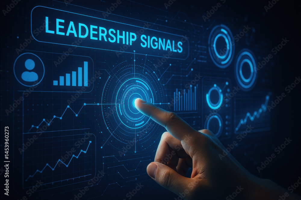 Poster a hand interacts with a digital dashboard displaying leadership signals highlighting strategy and de