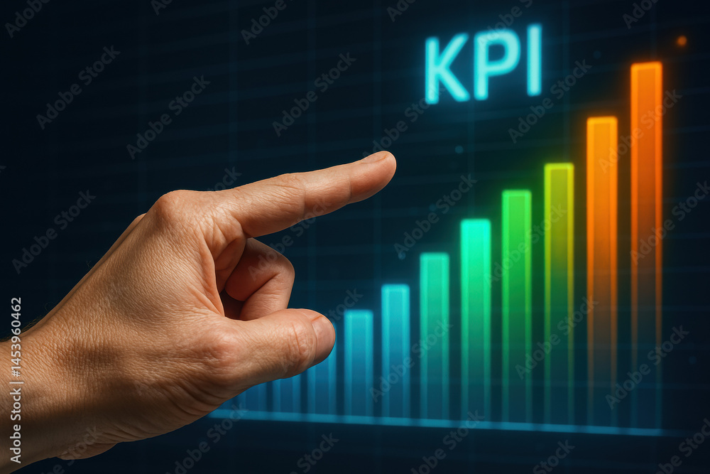 Poster a realistic human confidently points toward a rising colorful bar chart symbolizing business growth 
