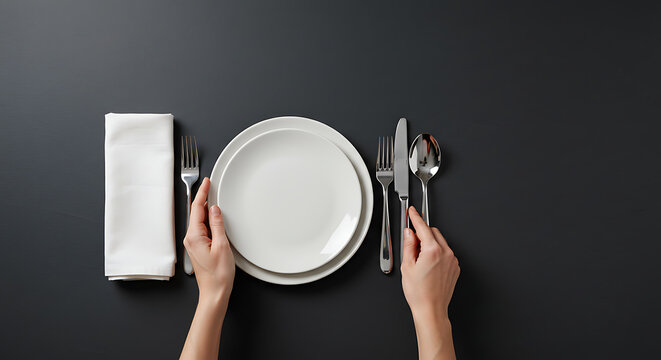 Overhead flat lay view showing hands precisely adjusting stacked white ceramic plates within a formal table place setting