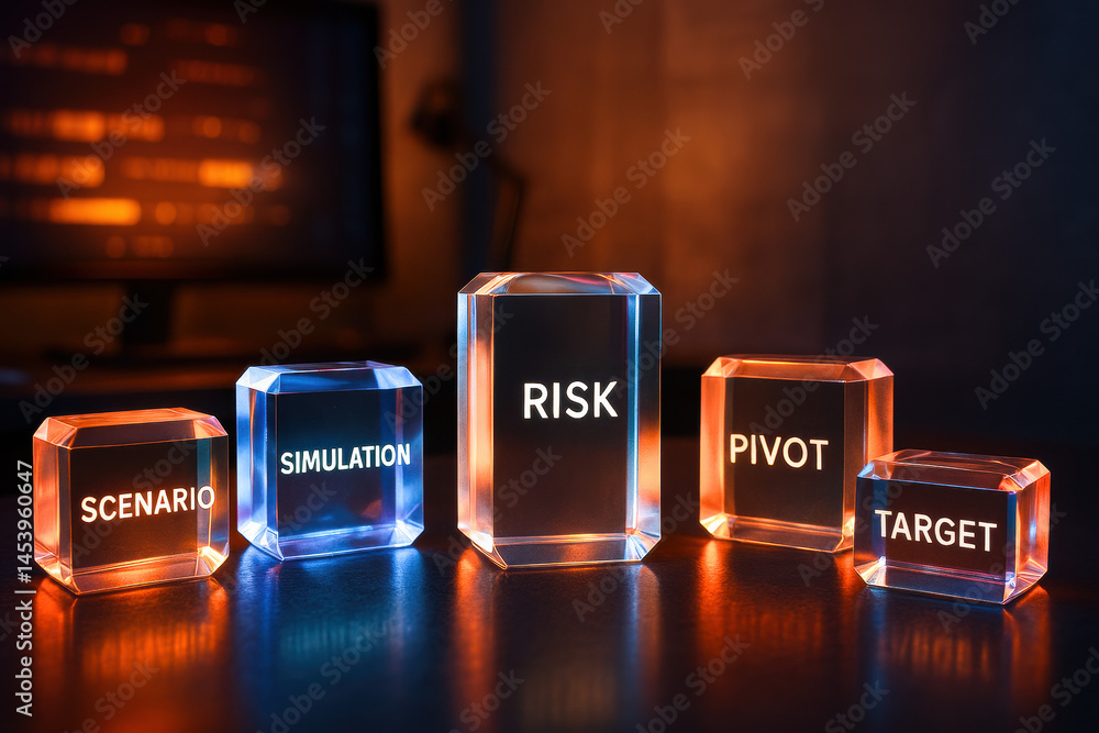 Poster a strategic business workspace highlights innovative decision-making through labeled crystal blocks 