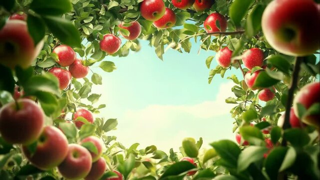 Frame of apples on branches, sunny day background, camera slowly zooms out while moving