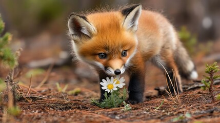 Fototapeta premium Captivating portrait of a cute red fox cub with its flower find outdoor