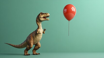 Fototapeta premium 3D render of a smiling Tyrannosaurus Rex playfully holding a red balloon against a green background.
