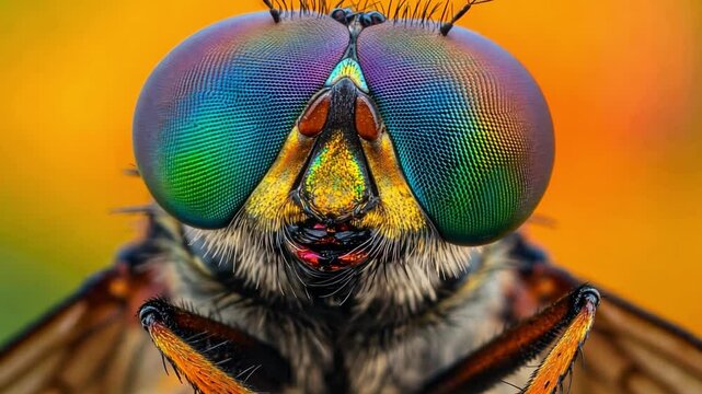 Experience the intricate beauty of a flys face in vibrant colors. This footage reveals natures remarkable design and highlights the complexity in small creatures. Generative AI