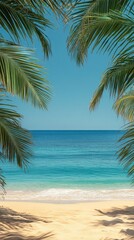 Tropical beach scene framed by palm leaves
