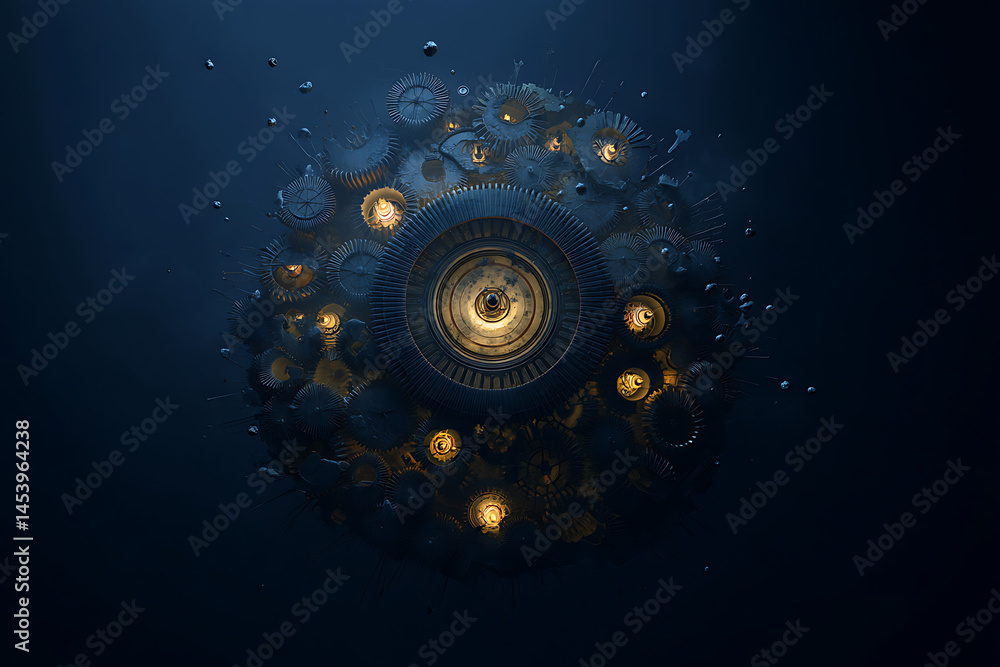 Aufkleber steampunk mechanical sphere with gears and glowing details in dark blue abstract 3d render science t