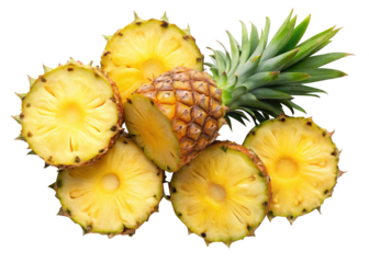 Closeup of sliced pineapple rings with green top on Trensprent  Background png