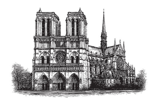 Notre-Dame Cathedral, Paris, France woodcut engraving vector illustration