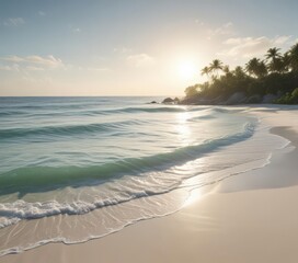 Obraz premium White sand beach, gentle waves breaking, distant green island silhouette , water, coastal, silhouette