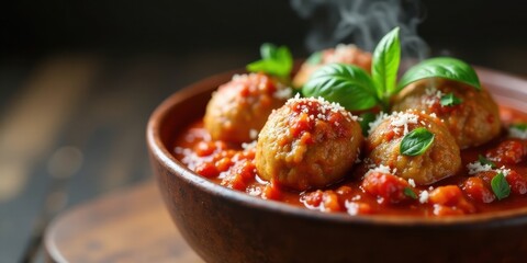 Aromatic Meatballs Simmering in a Rich Tomato Sauce, Garnished with Fresh Basil and Parmesan