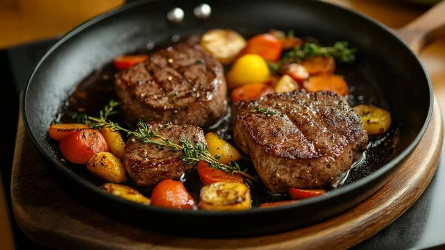 frying pan with meat, black pan, butter, mushroom, cheese, paella, steak, vegetable, squid, egg omelette, chicken, shrimp, oil, beef, pork, sausage