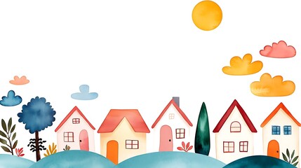 Watercolor houses with colorful roofs under bright sun and clouds, surrounded by trees and plants in cheerful scene