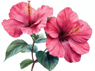 Two vibrant pink hibiscus flowers with lush green leaves