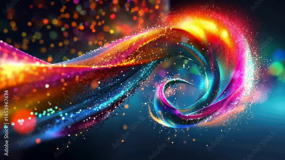 Poster vibrant swirl of colorful particles creates dynamic visual effect, blending energy and motion in mes